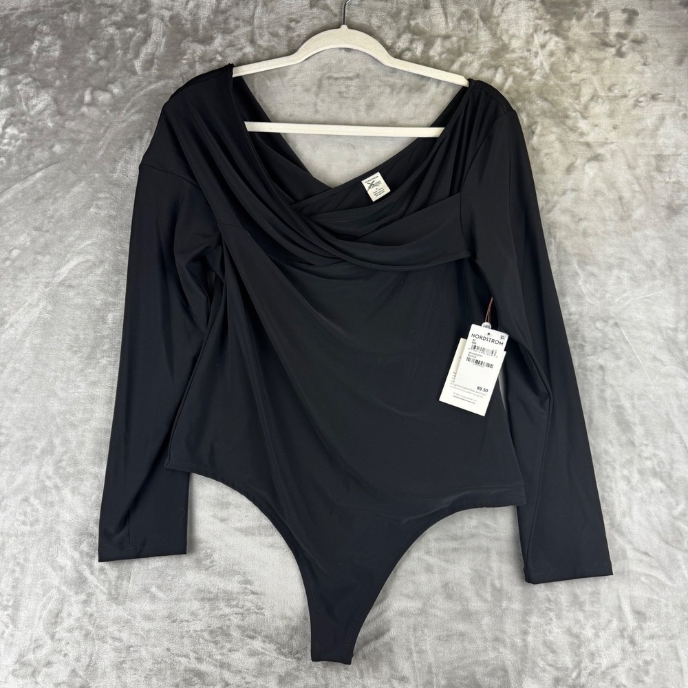 Nordstrom Megan Renee Bodysuit Women XL Black Surplice Long Sleeve (1629)